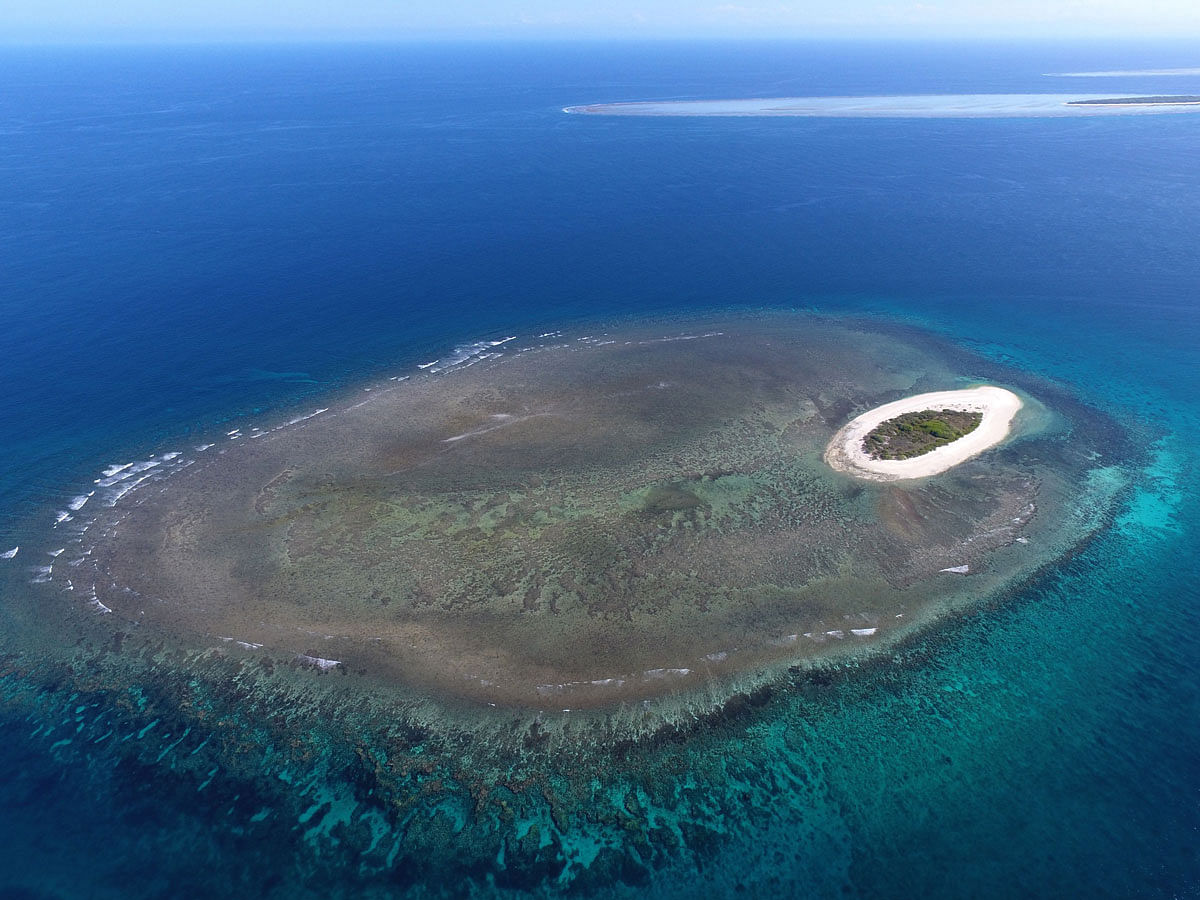 An undated handout photo taken by Bruce Rocherieux and released by the University of Queensland on 27 July 2018, shows a small island surrounded by coral reefs in the Coral Sea off Australia`s north-east coast. Photo: AFP