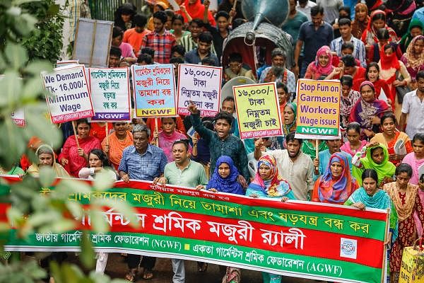 Workers holding placards and banners joined a demonstration at the National Press Club premises in Dhaka on 27 July. They demanded a minimum wage of Tk 16,000 and other privileges. Jatiya Garments Sramik Federation and Ekota Garments Workers Federation jointly organised the demonstration. The picture was captured by Dipu Malakar on 27 July.