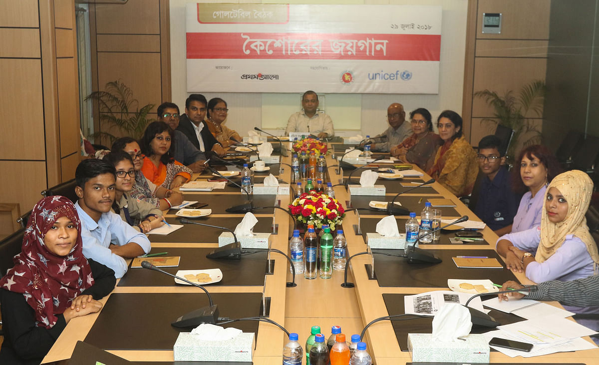 Participants at a Prothom Alo roundtable styled `Triumphant songs of the juveniles` at the daily’s Kawran Bazar office on Sunday. Photo: Prothom Alo