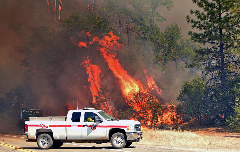 Flames engulf trees near a road during the Carr fire in Redding, California on 27 July. Photo: AFP