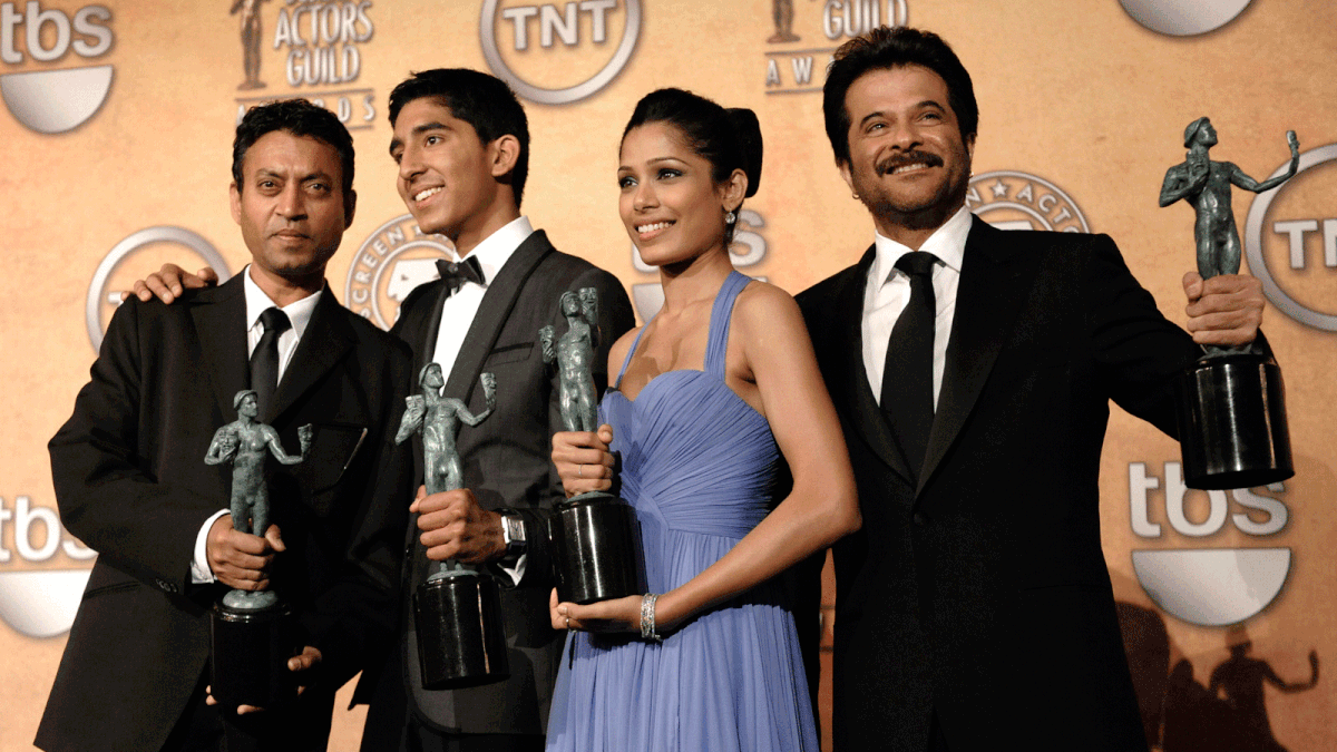 In this 25 Jan, 2009 file photo, members of the cast of `Slumdog Millionaire,` from left, Irrfan Khan, Dev Patel, Freida Pinto and Anil Kapoor, pose backstage with the award for outstanding performance by a cast in a motion picture during the 15th Annual Screen Actors Guild Awards in Los Angeles. Photo: AP