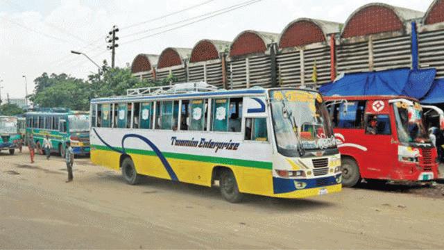 A stationary bus is seen in Gabtoli bus terminal. File Photo