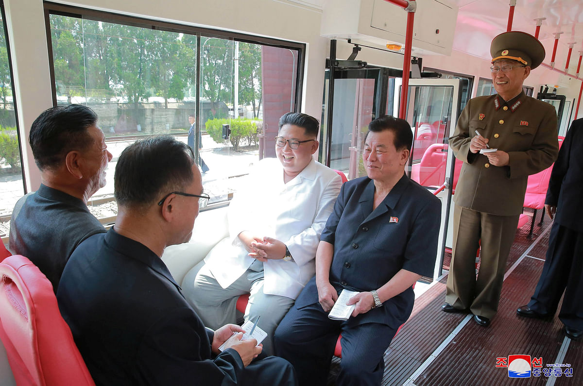 North Korean leader Kim Jong Un visits the Pyongyang Trolley Bus Factory and the Bus Repair Factory in Pyongyang, North Korea in this photo released on 4 August by North Korea`s Korean Central News Agency. Photo: Reuters