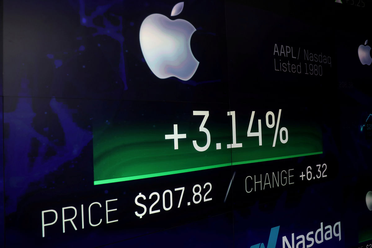 An electronic screen displays the Apple Inc. stock price at the Nasdaq Market Site in New York City, New York, US on 2 August. Photo: Reuters