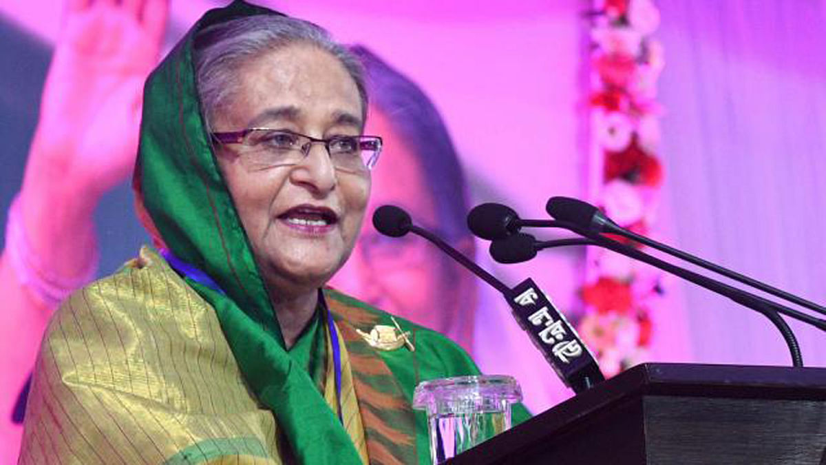 Prime minister and ruling Bangladesh Awami League (AL) president Sheikh Hasina addresses the extended meeting of Awami League at her official residence, Ganabhaban, in Dhaka on 23 June. Photo: Focus Bangla