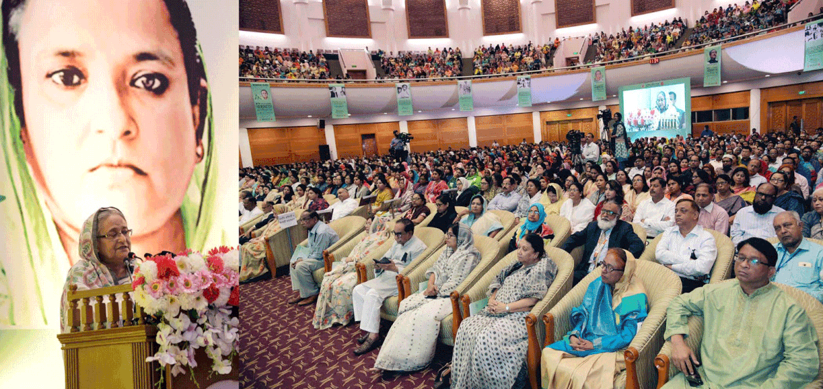 Prime minister Sheikh Hasina addresses a function marking the 88th birth anniversary of Bangamata Sheikh Fazilatun Nesa Mujib at Bangabandhu International Conference Centre (BICC) in Dhaka on Wednesday. Photo: PID