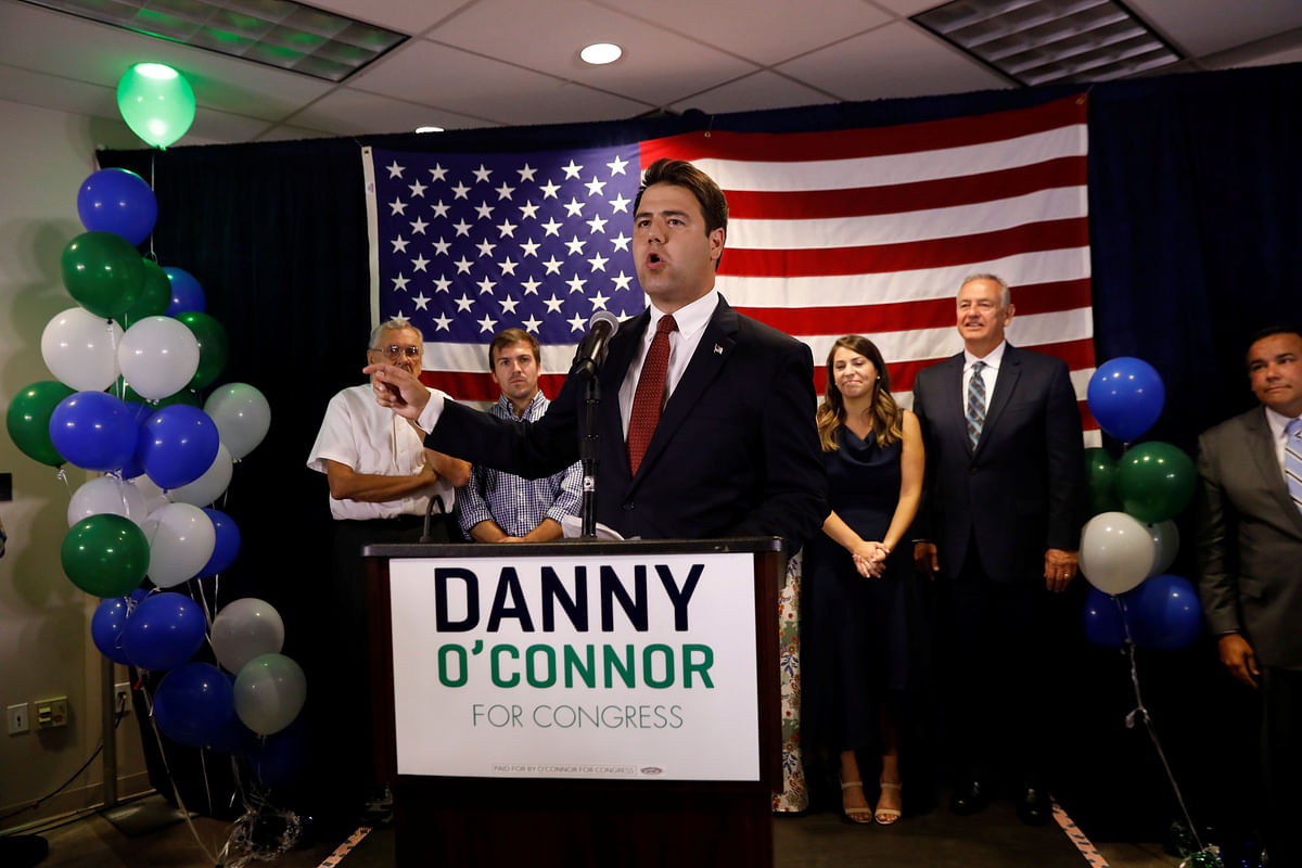 Democratic candidate Danny O’Connor addresses supporters at his election night party for a special election in Ohio’s 12th congressional district in Westerville Ohio. Photo: Reuters