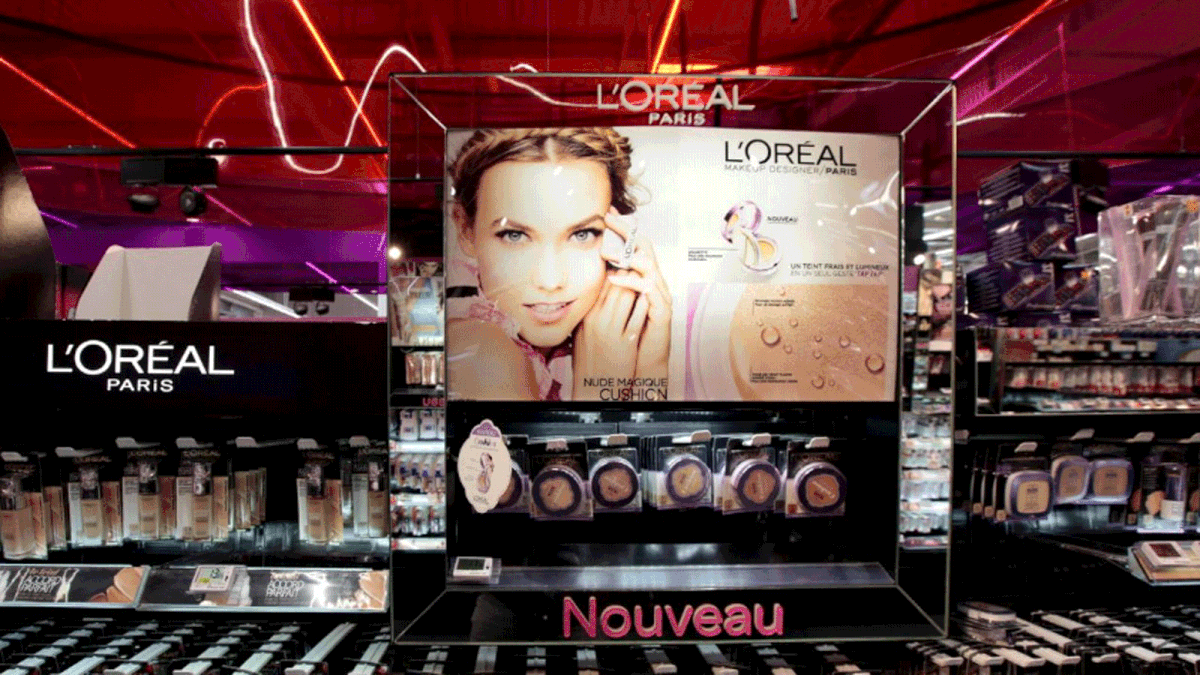 A cosmetic display of French cosmetics group L`Oreal is seen at a Carrefour hypermarket in Nice, France, on 6 April 2016. -- Reuters