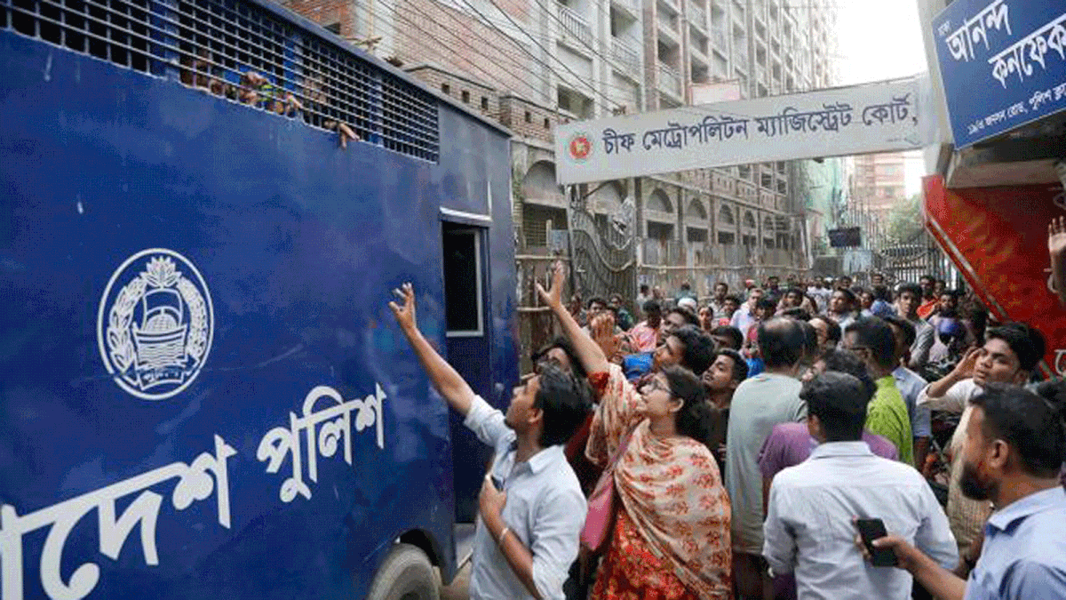 The 22 private university students being taken to jail by a prison van in front of CMM court on 9 August. Photo: Dipu Malakar
