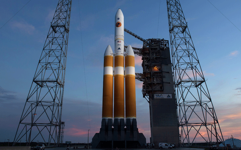 This handout photo released by NASA shows the United Launch Alliance Delta IV Heavy rocket with the Parker Solar Probe onboard shortly after the Mobile Service Tower was rolled back on 10 August, 2018, Launch Complex 37 at Cape Canaveral Air Force Station in Florida. Photo: AFP
