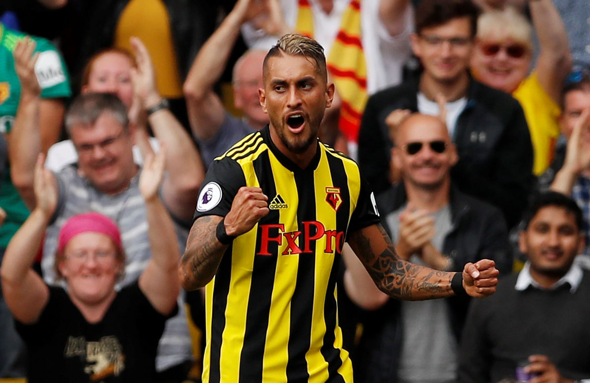 Watford`s Roberto Pereyra celebrates scoring their second goal against Brighton and Hove Albion on Saturday. Photo: Reuters