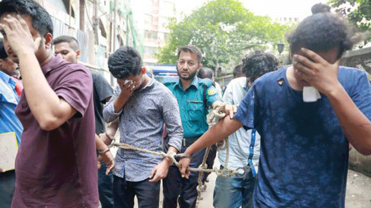 Several students of various private universities are taken to Dhaka Metropolitan Magistrate court on Tuesday. Photo: Suvra Kanti Das