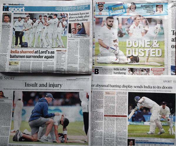 A collage of Indian newspaper`s sports page (from top L clockwise) Hindustan Times, Mail Today, The Indian Express and The Hindu, in New Delhi on 13 August 2018. India`s media on Auguat 13 lashed out at `abysmal batting` that led to a crushing innings defeat by England in the second Test at Lord`s. Mail Today called India`s performance a `humiliating defeat` while The Hindu newspaper`s headline said `Another abysmal batting display sends India to its doom` after the team were bowled out for 107 and 130. -- AFP