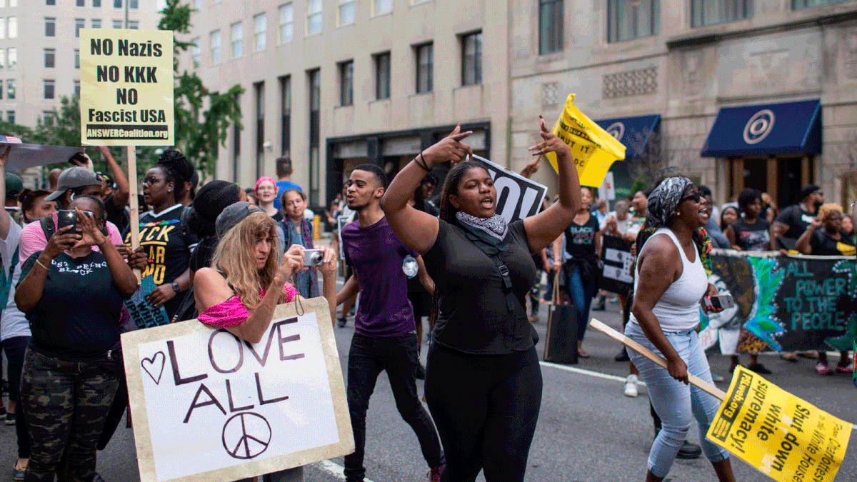 Antifa and counter protestors to a far-right rally chant during the Unite the Right 2 Rally in Washington, DC, on 12 August. Photo: AFP
