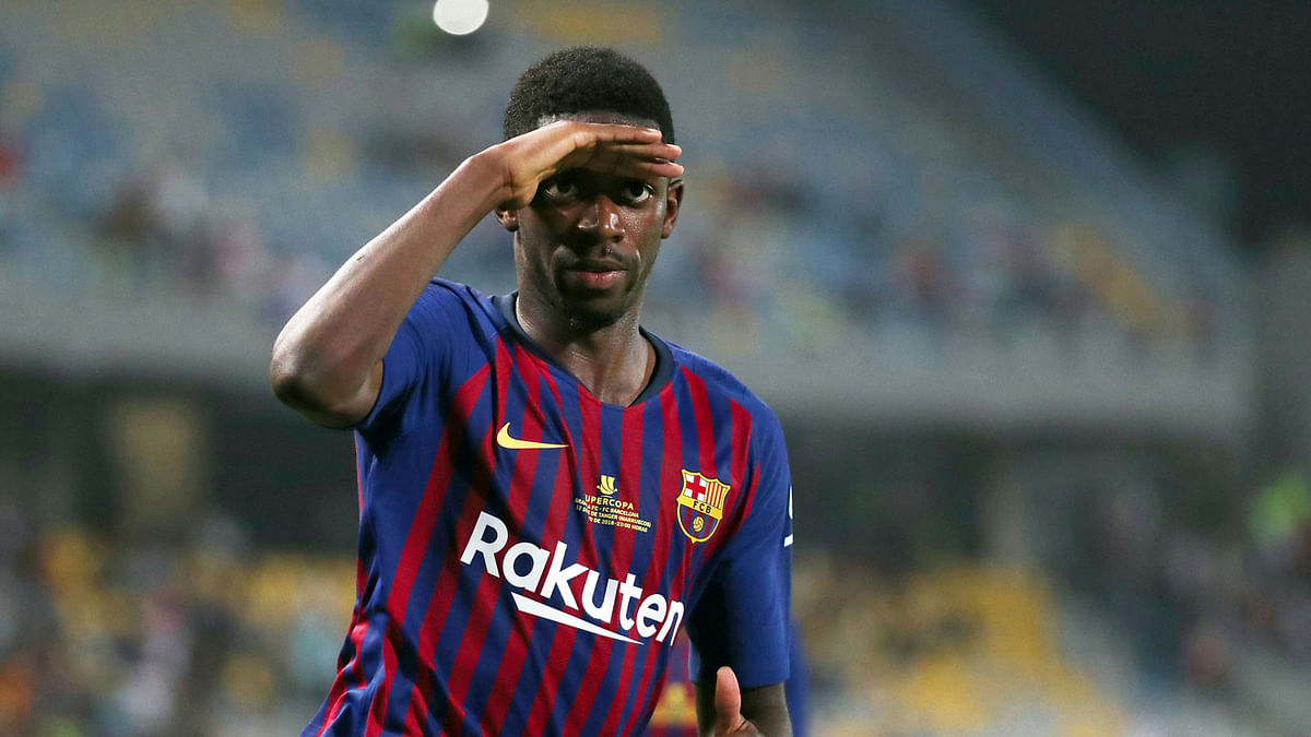 Barcelona’s Ousmane Dembele celebrates scoring their second goal at Grand Stade de Tanger, Tangier, Morocco on 12 August, 2018. Photo: Reuters