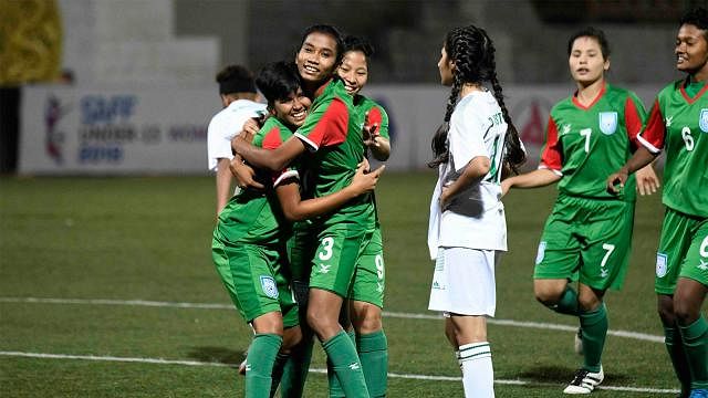 Bangladesh U-15 women`s team celebrate a goal. File Photo