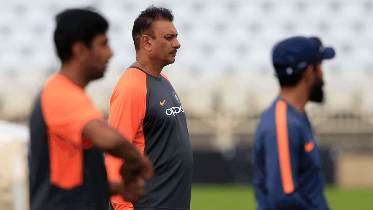 Nottingham, Nottinghamshire, United Kingdom: India`s head coach Ravi Shastri (C) attends a practice session ahead of the third cricket test match between England and India at Trent Bridge in Nottingham, central England on 16 August 2018. -- Photo: AFP
