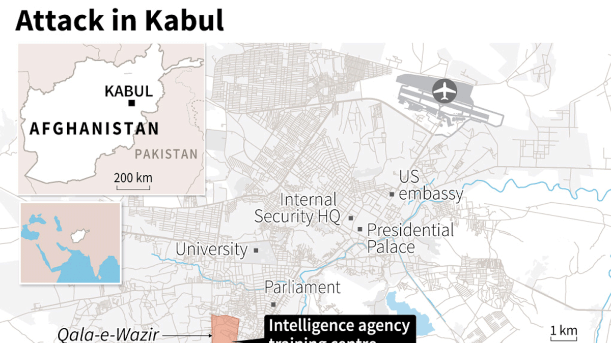 Map locating an attack on a training centre for the Afghan intelligence agency in the Qala-e-Wazir district of Kabul. AFP