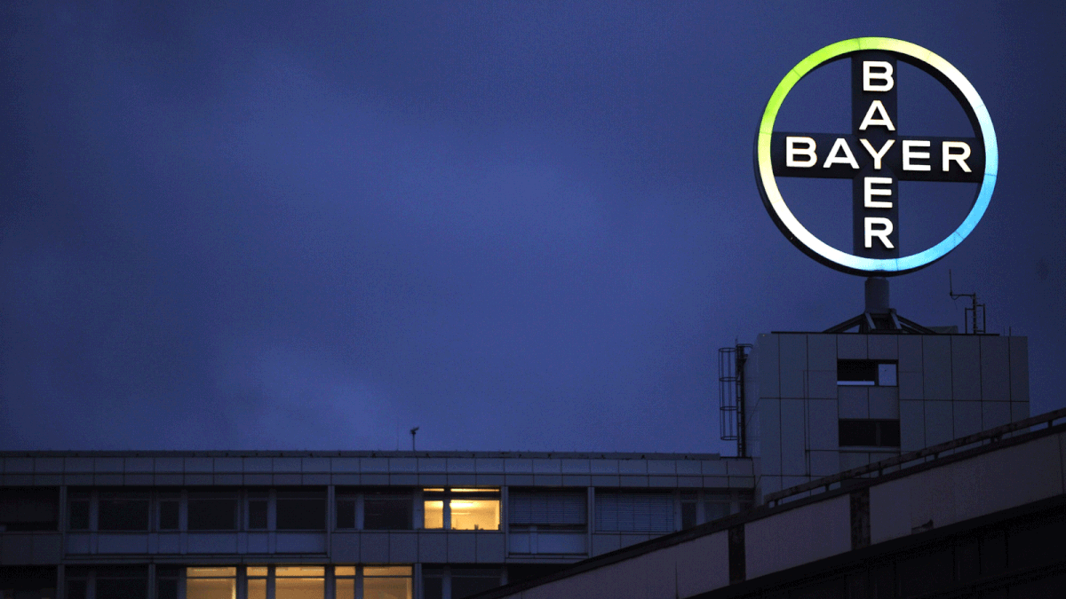In this file photo taken on 24 November 2009, a rotating logo of German pharmaceutical giant Bayer can be seen in Berlin. Shares in German chemicals and pharmaceuticals giant Bayer fell sharply on 16 August 2018, on media reports of new legal risks stemming from its acquisition of US seeds and pesticides maker Monsanto. -- Photo: AFP