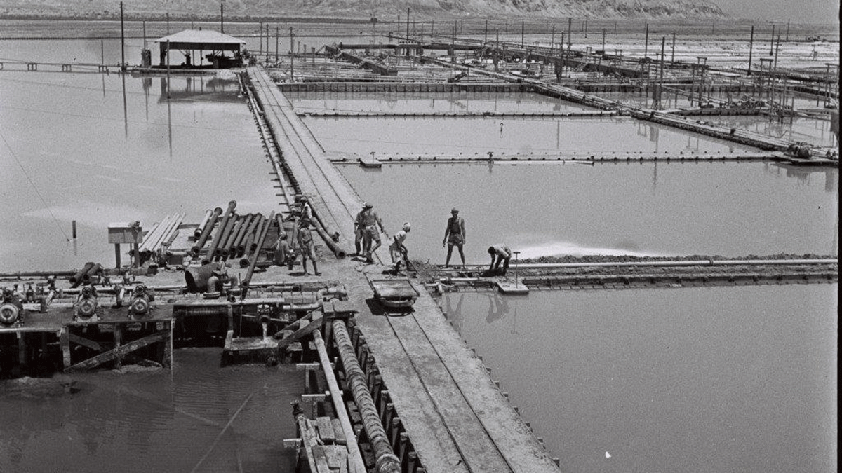 A handout photograph from the GPO, shows evaporation pools at the `Sdom` potash factory in the Dead Sea dated to 1944 during British Mandate Palestine. Photo: Reuters