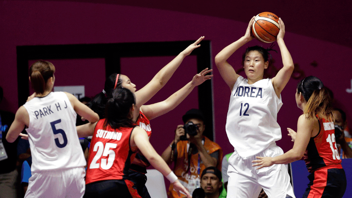 Combined Koreas Ro Suk Yong looks to pass the ball to teammate Park Hyejin, left, during their women`s basketball match against Indonesia at the 18th Asian Games in Jakarta, Indonesia on 15 August 2018. Photo: AP