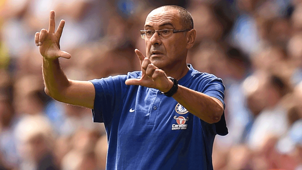 Chelsea`s Italian head coach Maurizio Sarri gestures during the English Premier League football match between Huddersfield Town and Chelsea at the John Smith`s stadium in Huddersfield, northern England on August 11, 2018. AFP