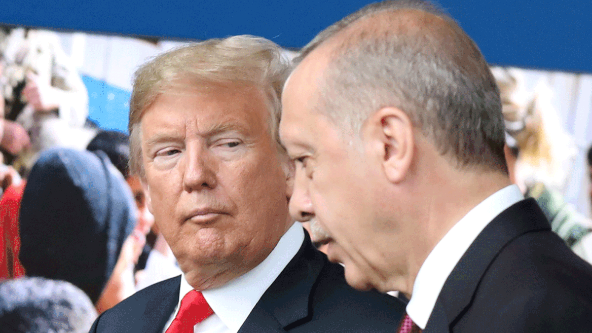 In this file photo taken on 11 July, US president Donald Trump (L) talks to Turkey’s president Recep Tayyip Erdogan ® as they arrive for the NATO summit, at the NATO headquarters in Brussels