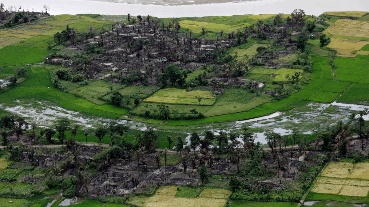 Aerial view of a burnt Rohingya village near Maungdaw. Photo: Reuters