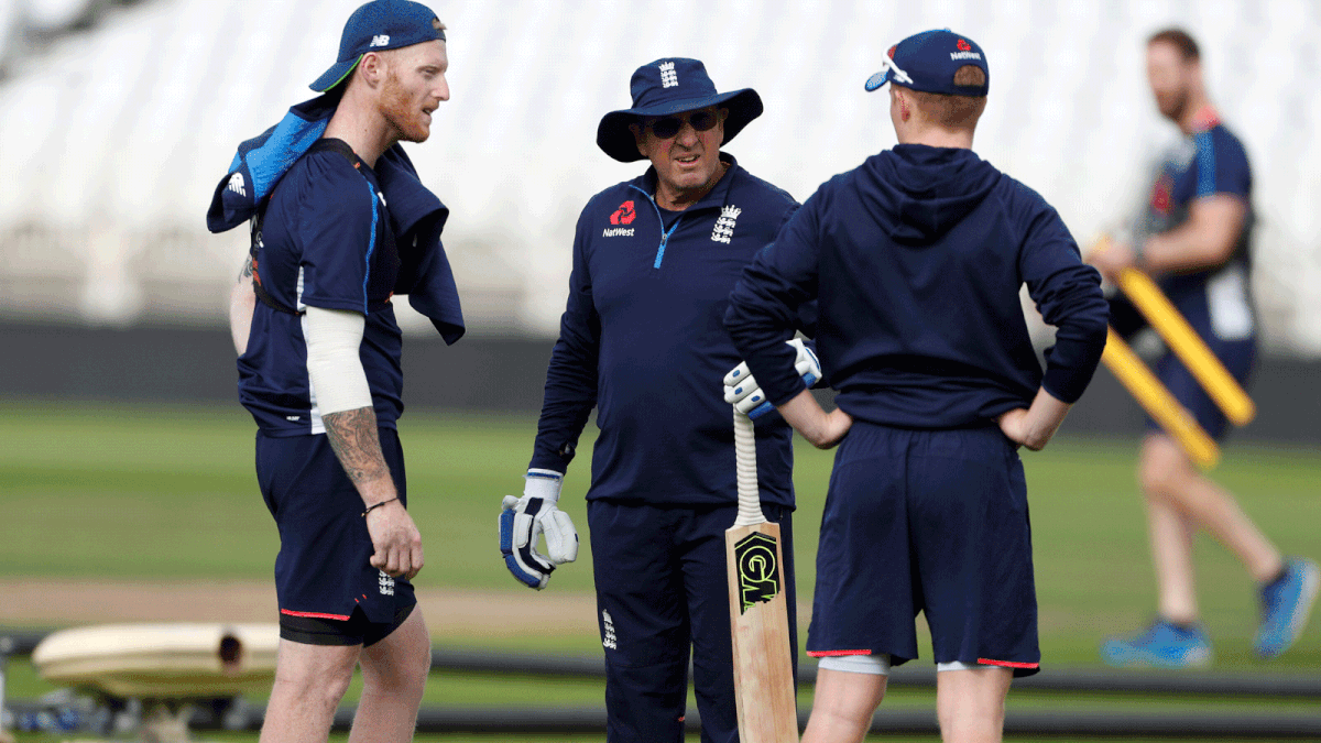 England`s Ben Stokes with head coach Trevor Bayliss during nets at Trent Bridge, Nottingham, Britain on 16 August 2018. Photo: Reuters