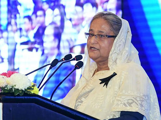 Prime minister Sheikh Hasina delivers a speech while laying the foundation of Dasherkandi Sewerage Treatment Plant at a function in a city hotel on Sunday. Photo: BSS