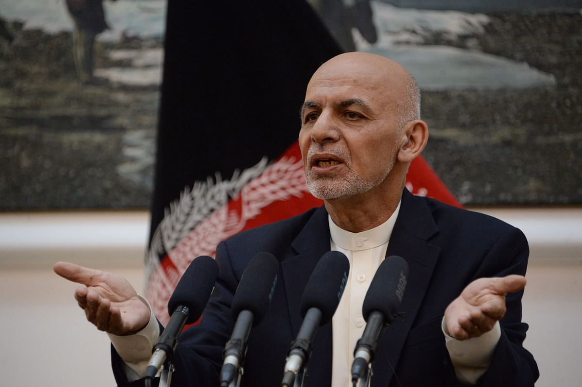 In this file photo taken on 30 June, 2018 Afghan president Mohammad Ashraf Ghani speaks during a press conference at the Presidential Palace in Kabul