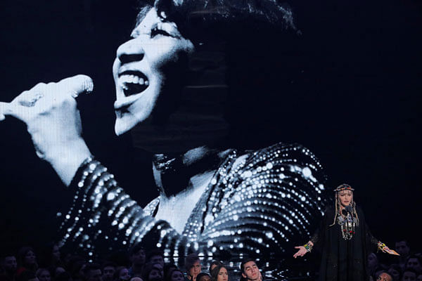 Madonna speaks during a tribute to the late singer Aretha Franklin on 20 August, 2018 At 2018 MTV Video Music Awards, Music Hall, New York, US. Photo: Reuters