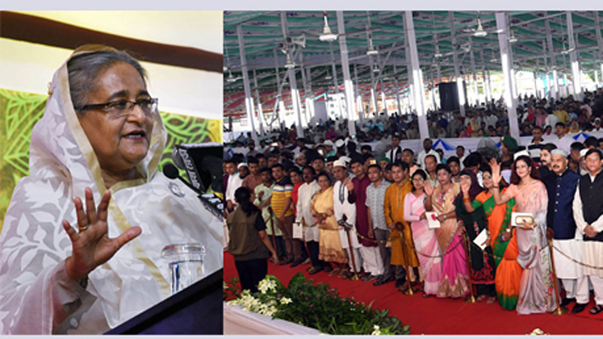 Prime minister Sheikh Hasina is seen addressing guests at Ganobhban on the Eid day on Wednesday -- Photo: BSS