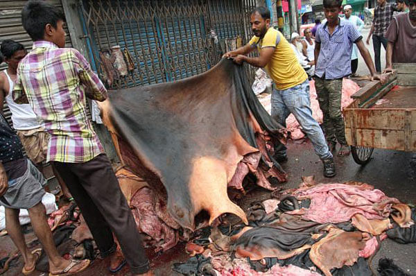 Trading of rawhide underway at Nayabazar area of Old Dhaka on the Eid day on 22 August, 2018. Photo: Dipu Malakar