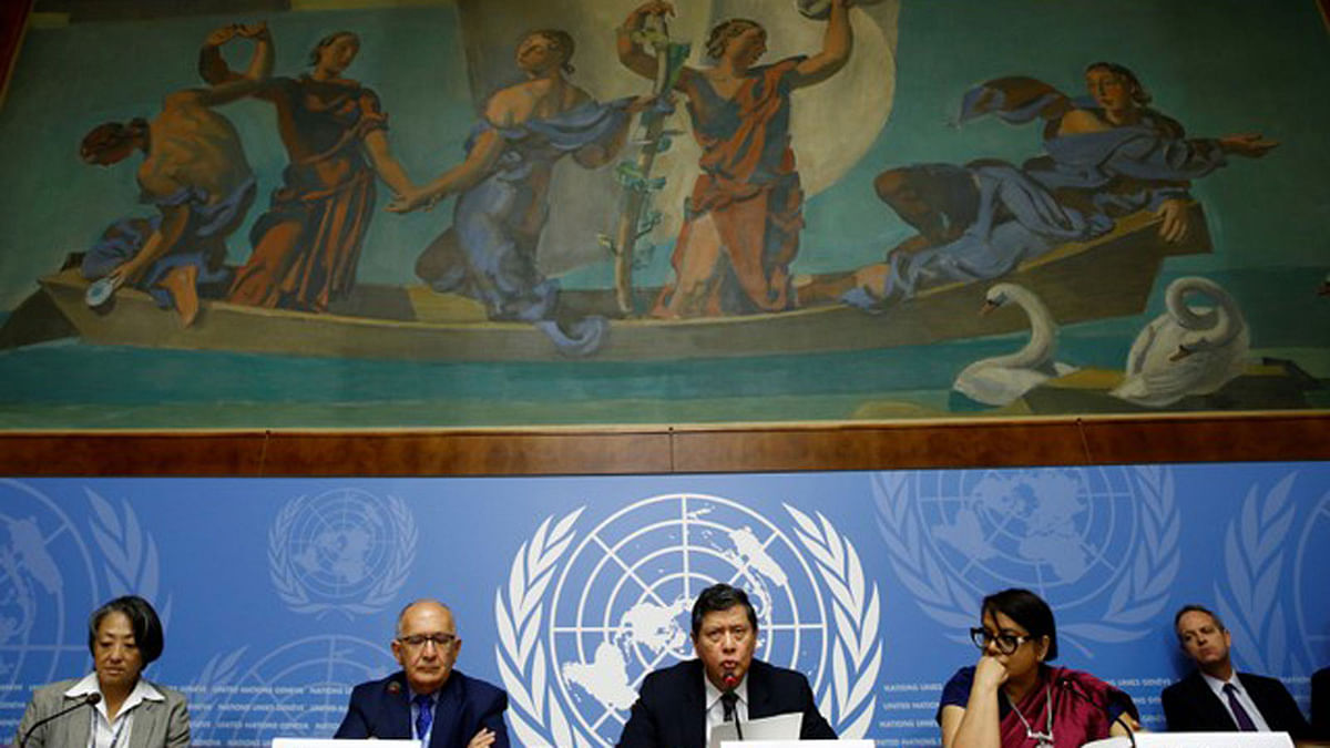 Christopher Sidoti, Marzuki Darusman and Radhika Coomaraswamy, members of the Independent International Fact-finding Mission on Myanmar attends a news conference on the publication of their final written report at the United Nations in Geneva, Switzerland on 27 August 2018. Photo: Reuters