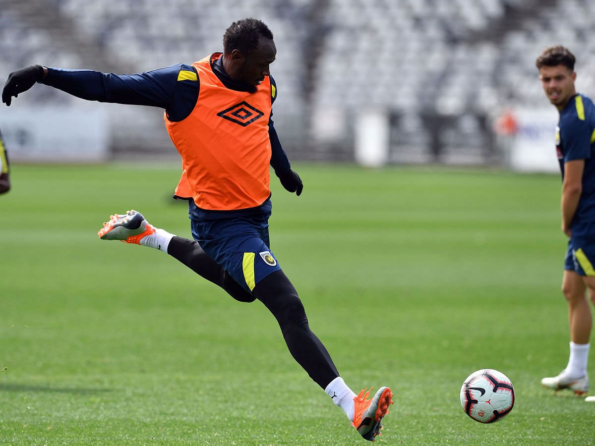 Thirty-one-year-old eight-time Olympic champion Usain Bolt trains with A-League football club Central Coast Mariners in Gosford on 28 August, 2018. Photo: AFP