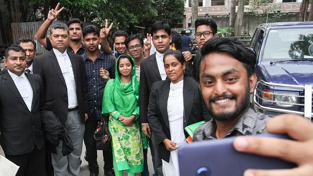 Sister of Lutfunnahar Luma Sarkar, Eden College student and quota refrom movement`s joint convener, along with her friends and lawyers are thrilled after Luma was granted bail. Chief metropolitan magistrate court, Dhaka, 27 August. Photo: Dipu Malakar