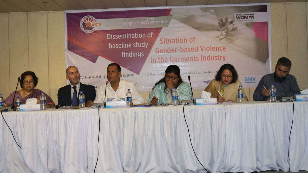 Discussants at a programme titled ‘Situation of Gender-based Violence in the Garments Industry’ organised by Shojag, a coalition of five rights bodies, on Monday.
