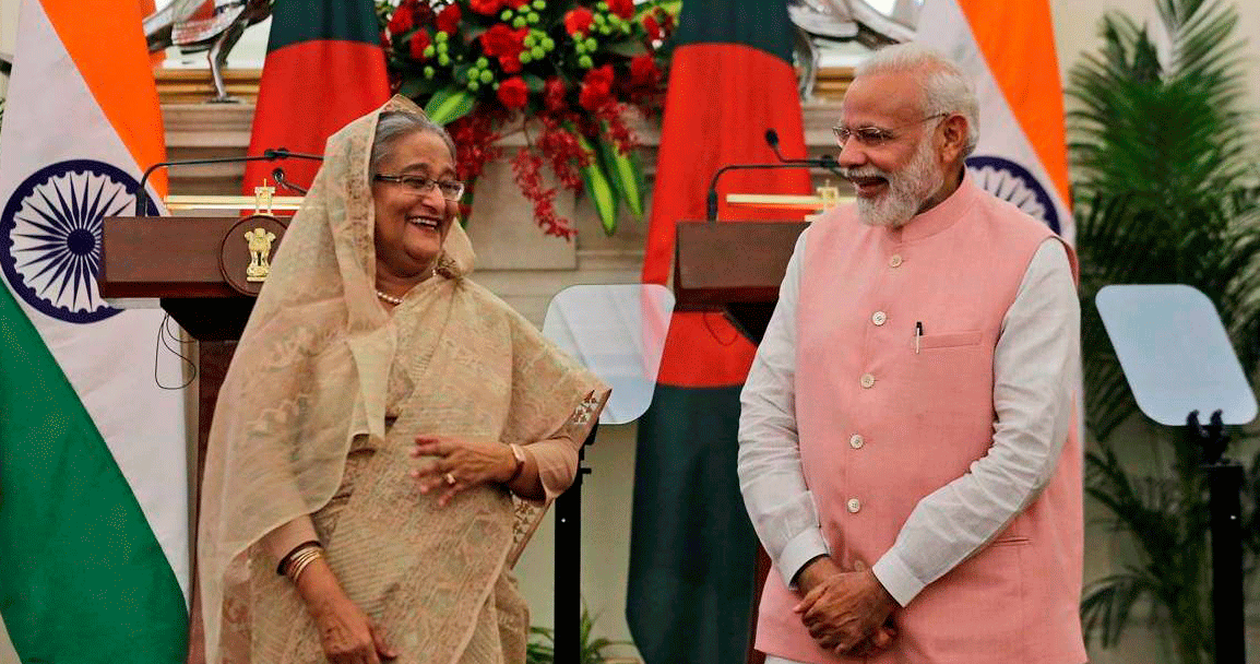 Prime minister Sheikh Hasina with her Indian counterpart Narendra Modi. File photo