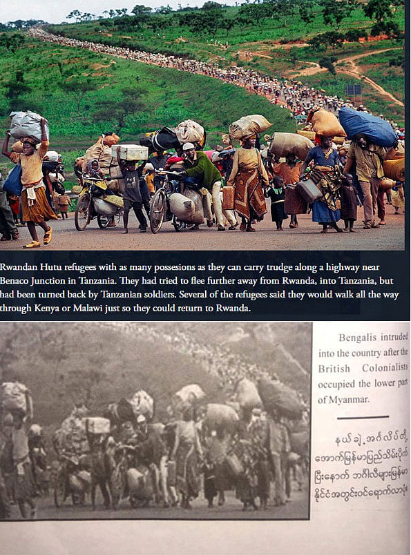 A combination of screenshots shows (top) an image taken from the Pulitzer Prize website depicting the migration of Rwandan Hutu refugees in 1996 following violence in Rwanda. The same image (bottom) appears in the Myanmar armyÕs recently published book on the Rohingya, converted to black-and-white, describing the people as Bengalis entering the country following the British colonial occupation of lower Myanmar. Photo: Reuters