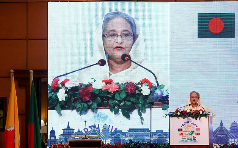 Bangladesh prime minister Sheikh Hasina addresses the Bay of Bengal Initiative for Multi-Sectoral Technical and Economic Cooperation (BIMSTEC) summit in Kathmandu, Nepal on 30 August 2018. Photo: Reuters