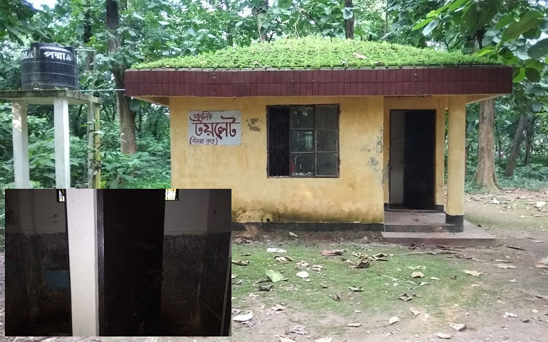 The photo shows a washroom for the visitors of National Botanical Garden in Mirpur, Dhaka. There is no electricity in the washrooms except for one. (Inset: Shabby condition inside a toilet). Shameem Reza took this photo on 29 June.