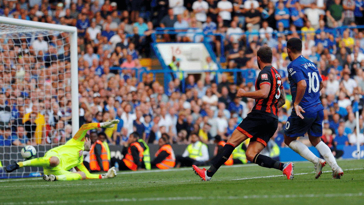 Chelsea`s Eden Hazard scores their second goal against Bournemouth. Photo: Reuters