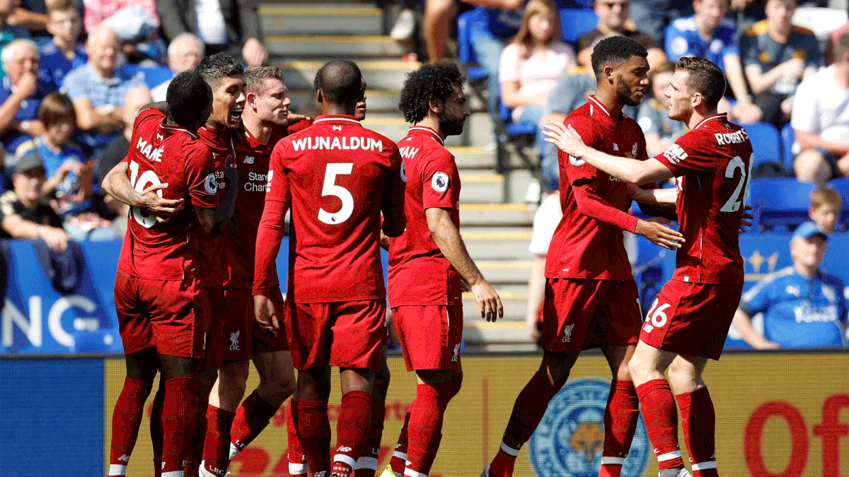 Liverpool`s Roberto Firmino celebrates scoring their second goal with team mates against Leicester City at King Power Stadium, Leicester, Britain on 1 September 2018. Photo: Reuters