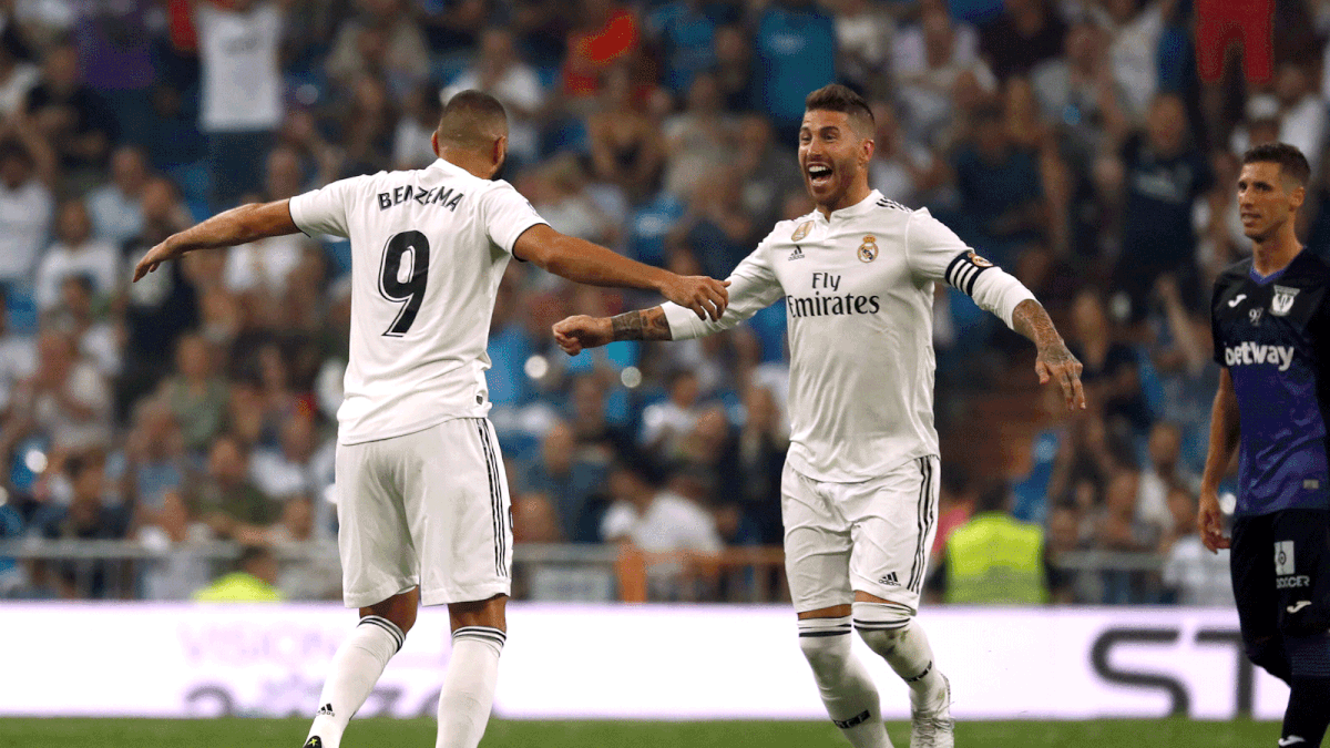 Real Madrid`s Karim Benzema celebrates scoring their second goal with Sergio Ramos in a La Liga match against Leganes at Santiago Bernabeu, Madrid, Spain on 1 September 2018. Photo: Reuters