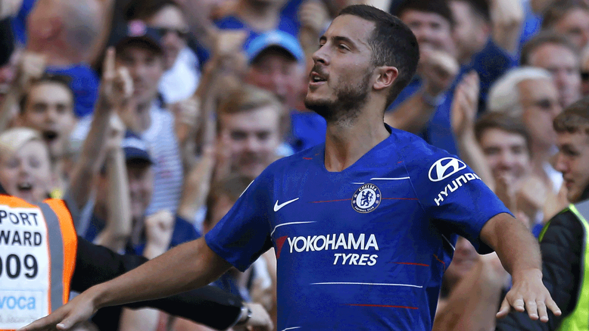 Chelsea`s Belgian midfielder Eden Hazard celebrates after scoring their second goal during the English Premier League football match between Chelsea and Bournemouth at Stamford Bridge in London on 1 September 2018. Photo: AFP