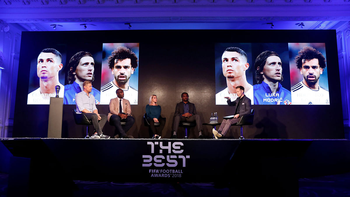 Former players Peter Schmeichel, Sol Campbell, Kelly Smith and Kanu on stage during the announcement. Photo: Reuters