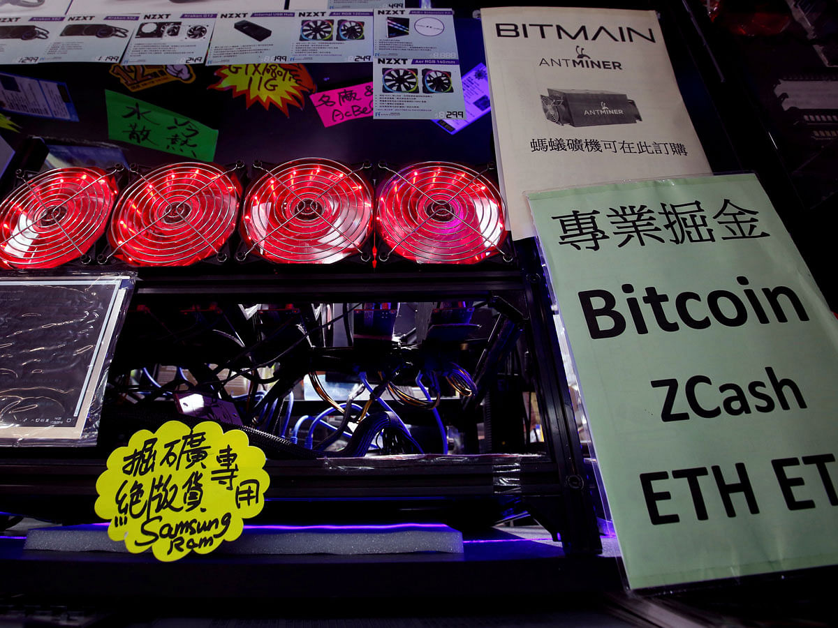 A cryptocurrency mining computer is displayed at a computer mall in Hong Kong. Photo: Reuters