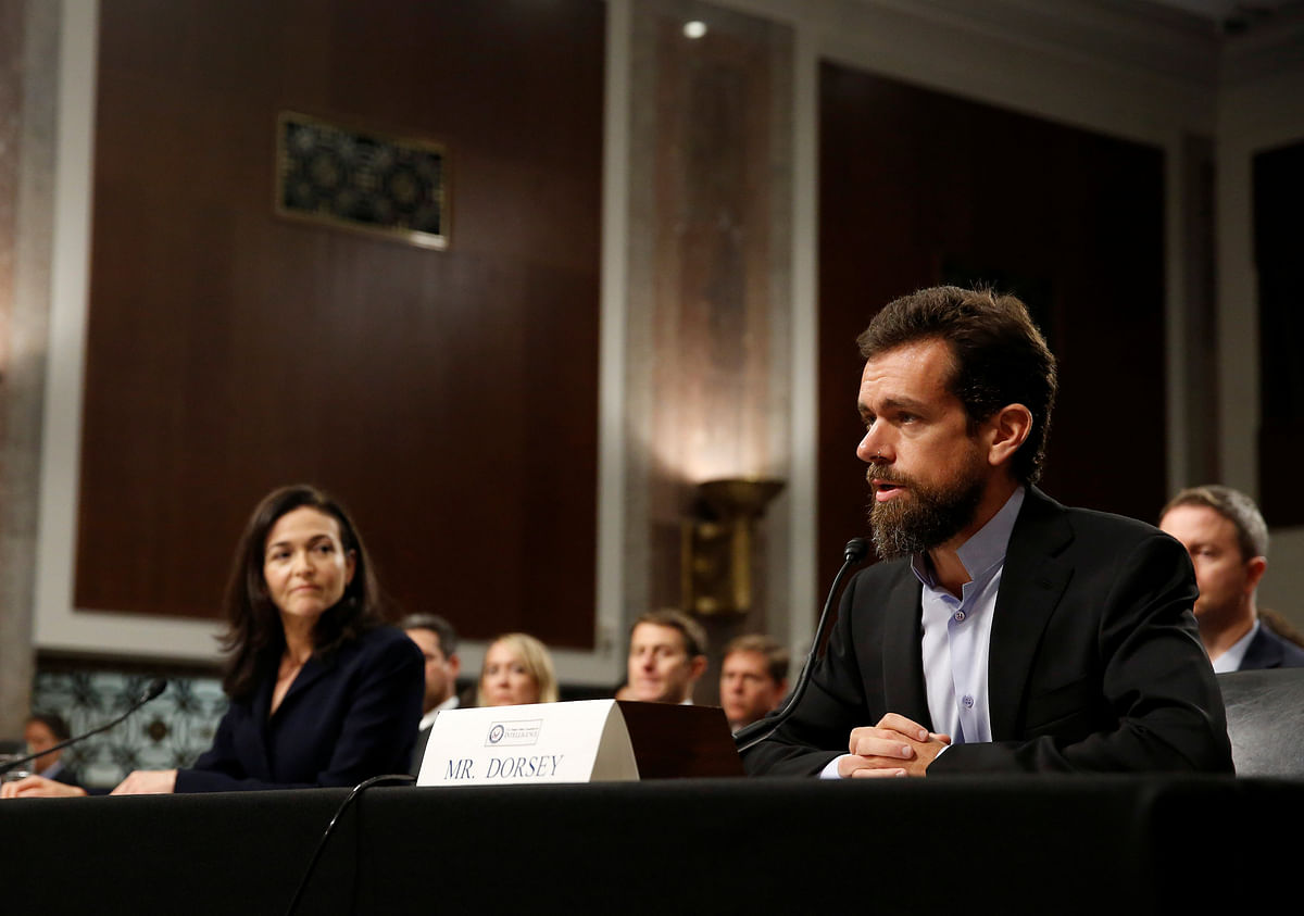 Twitter CEO Jack Dorsey and Facebook COO Sheryl Sandberg testify before a Senate Intelligence Committee hearing on foreign influence operations on social media platforms on Capitol Hill in Washington, US, 5 September, 2018. Photo: Reuters