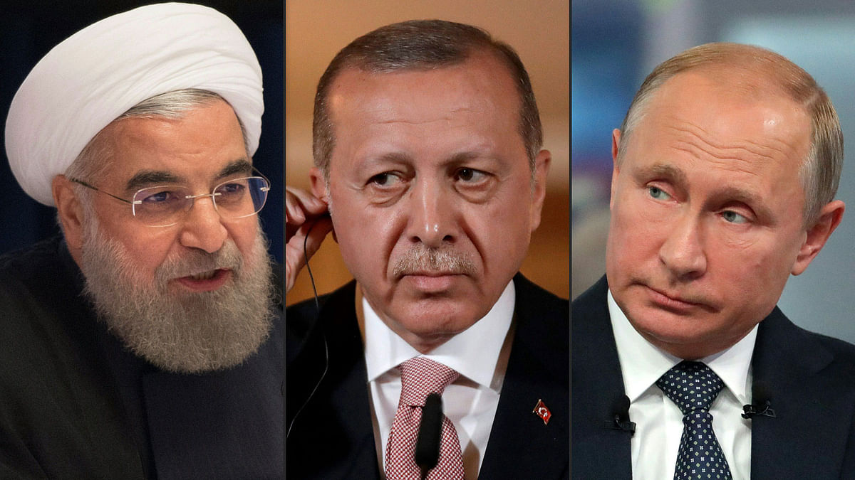 This combination of pictures created on 6 September, 2018 shows (L to R): Iran’s president Hassan Rouhani, Turkey’s president Recep Tayyip Erdogan and Russian president Vladimir Putin. Photo: AFP
